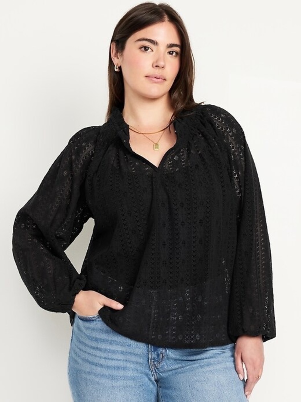Old Navy Black Split-Neck Sheer Lace Peasant Blouse Romantic Ruffle Boho Top M